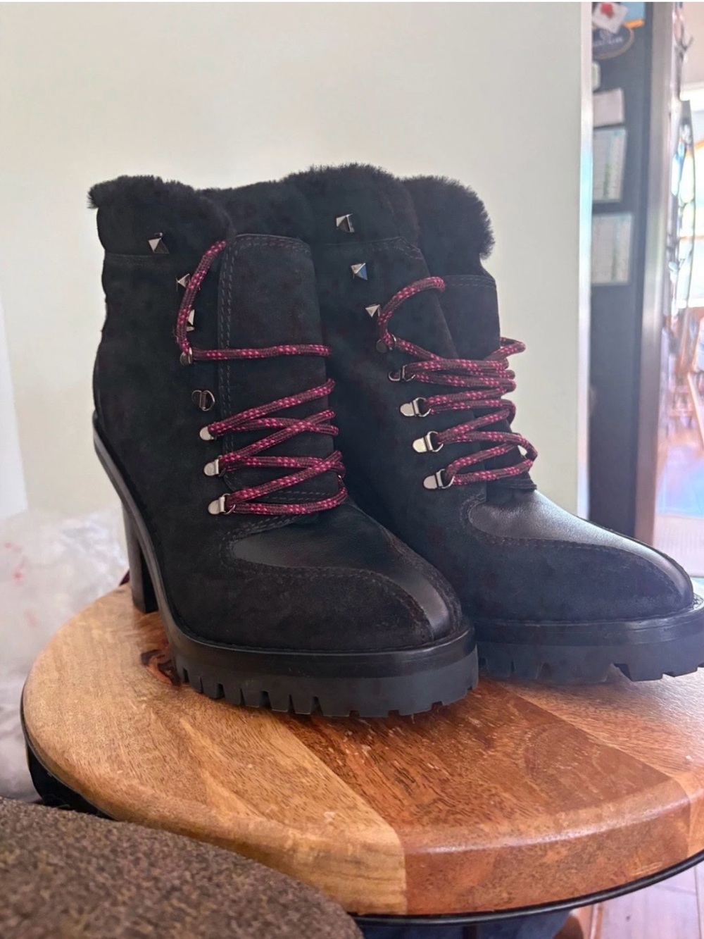 Valentino Garavani Black Suede Lug-Heel Ankle Boots with Burgundy Laces